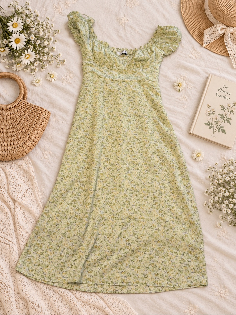 Sophie Rue Sage Green Floral Puff Sleeve Maxi Dress — Cottagecore, Size S